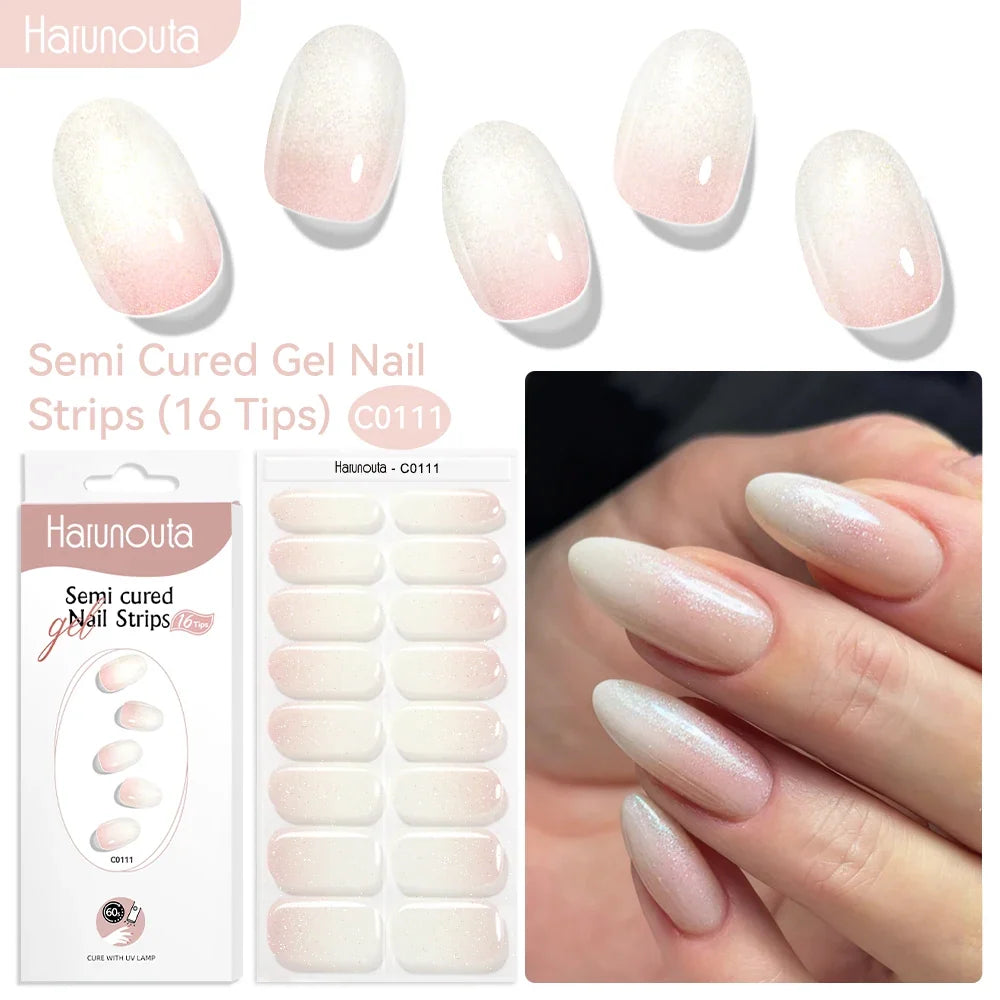 Harunouta 16strips Gradient Red Marble Gold Line Semi Cured Gel Nail Strips DIY Gel Polish Stickers for Nails Work with UV/LED 26