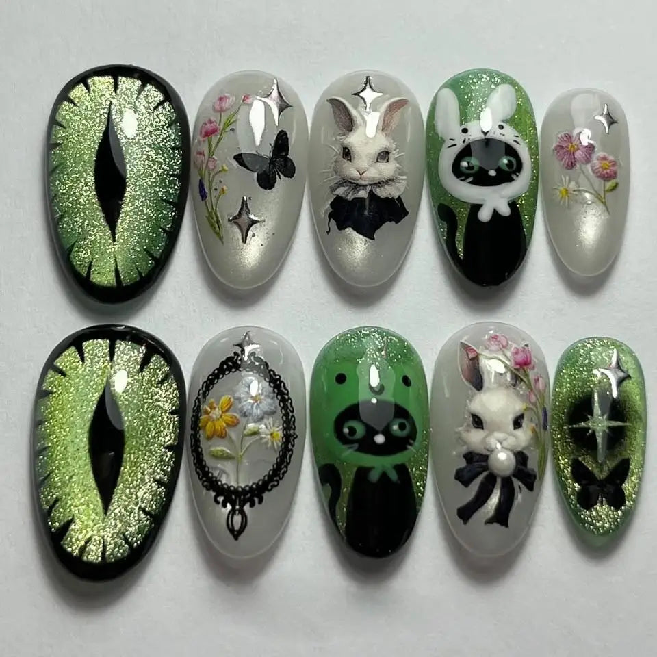 24pcs Flower Print Press on Nails Wine Red Blush Almond False Nail Tips Wearable Reusable Summer Spicy Girl Fake Nails 39