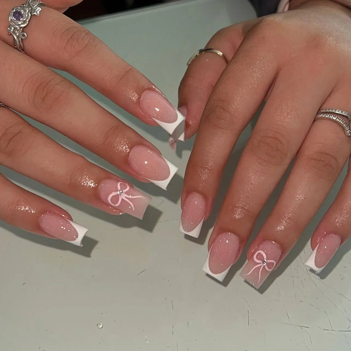 24Pcs Simple Square Head Fake Nail with Jelly Glue Pink White Gradient French Press on False Nails Short Full Cover Nail Tips 42