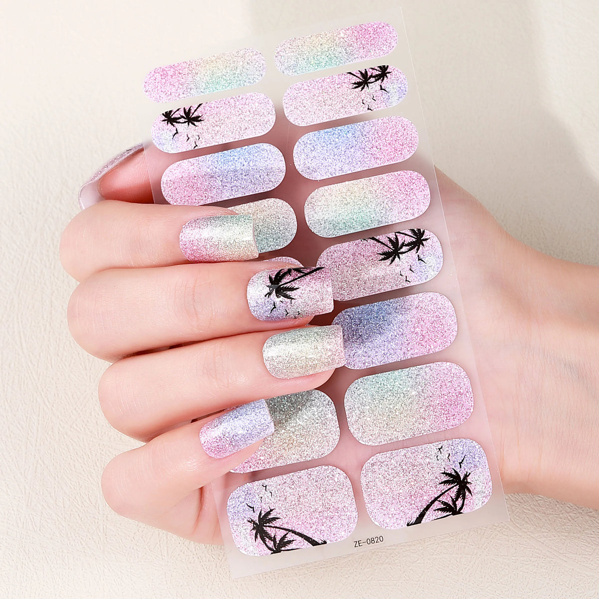 16Tips Full Cover Baking-Free Nail Polish Strips Summer Beach Coconut Tree Self-Adhesive DIY Nail Stickers Manicure Decoration 6