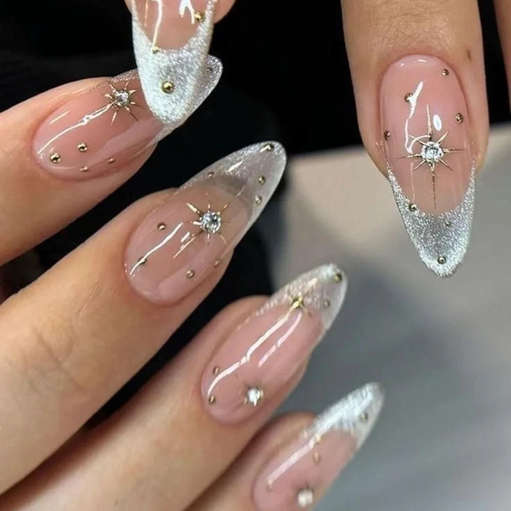 24Pcs Metallic Cat Eye French Sheer Manicure Tip Art Textured 3D Acrylic False Nails Nude Pink Almond Medium Press on Fake Nails 4