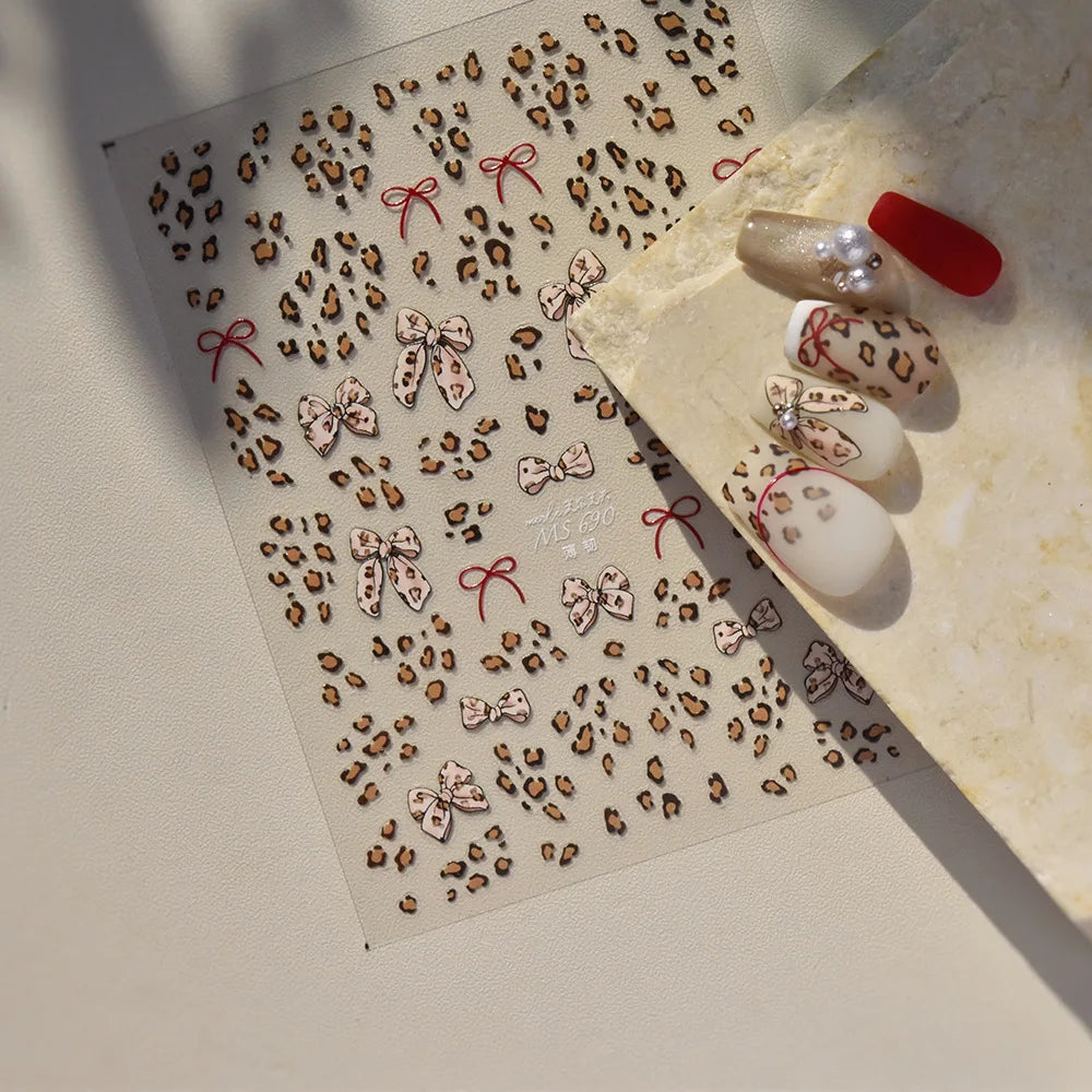 Autumn Winter Leopard Print Bow Nail Art Stickers 3D Thin Tough Nail Sticker Cute Bow Self Adhesive Nails Decorations Decals DIY 4