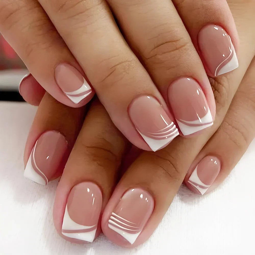24Pcs Simple Square Head Fake Nail with Jelly Glue Pink White Gradient French Press on False Nails Short Full Cover Nail Tips 28