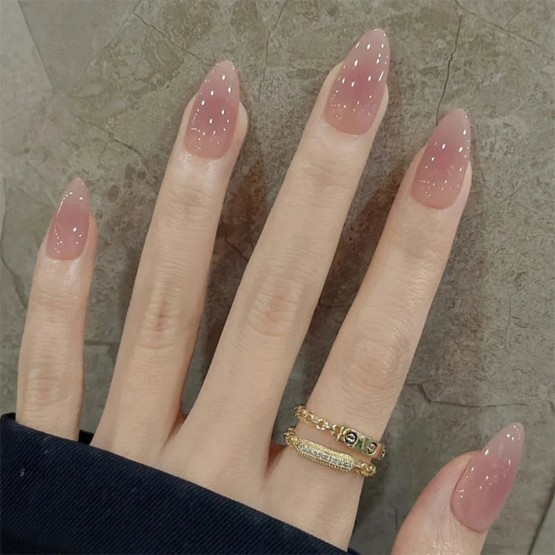 24Pcs Metallic Cat Eye French Sheer Manicure Tip Art Textured 3D Acrylic False Nails Nude Pink Almond Medium Press on Fake Nails 3