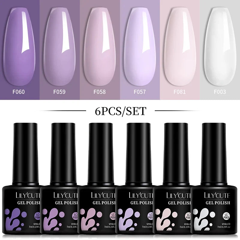LILYCUTE 6Pcs/Set 7ML Gel DIY Nail Polish Bright Pink Semi Permanent Soak Off UV LED Gel Varnish Nail Art Design Manicure Kit 11