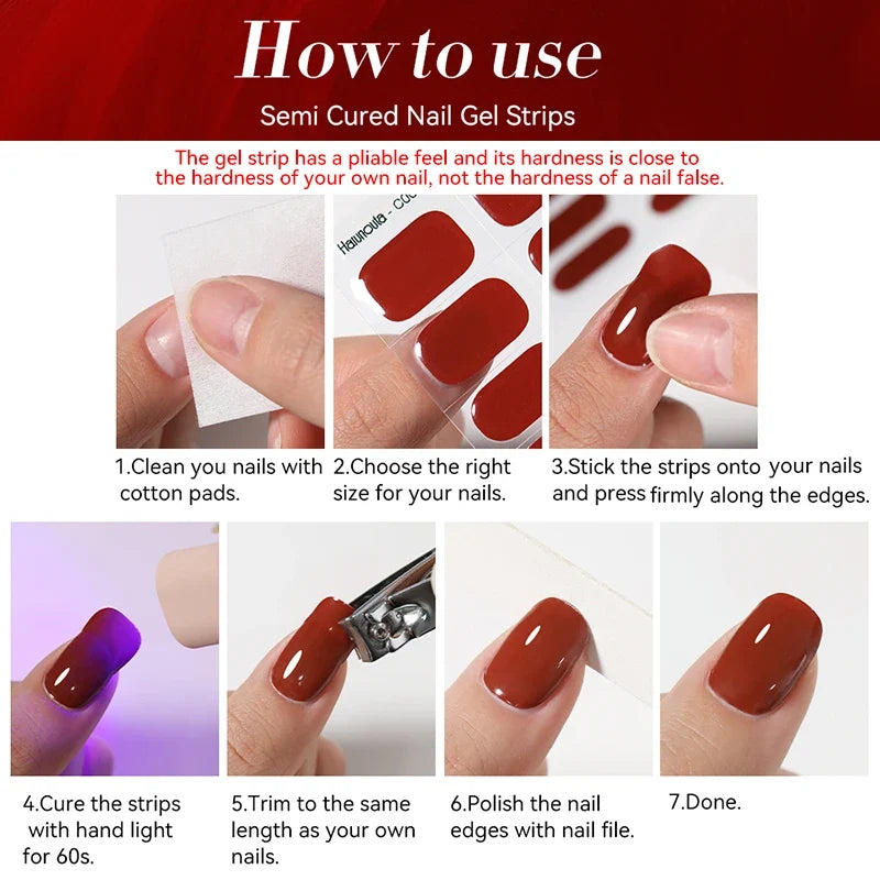 Harunouta 16strips Gradient Red Marble Gold Line Semi Cured Gel Nail Strips DIY Gel Polish Stickers for Nails Work with UV/LED 4