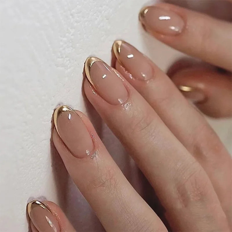 24Pcs Short Oval Head Blush Pink Press on Nails with Simple Designs Almond Nails Wearable Acrylic Full Cover Nail Tips with Glue 7