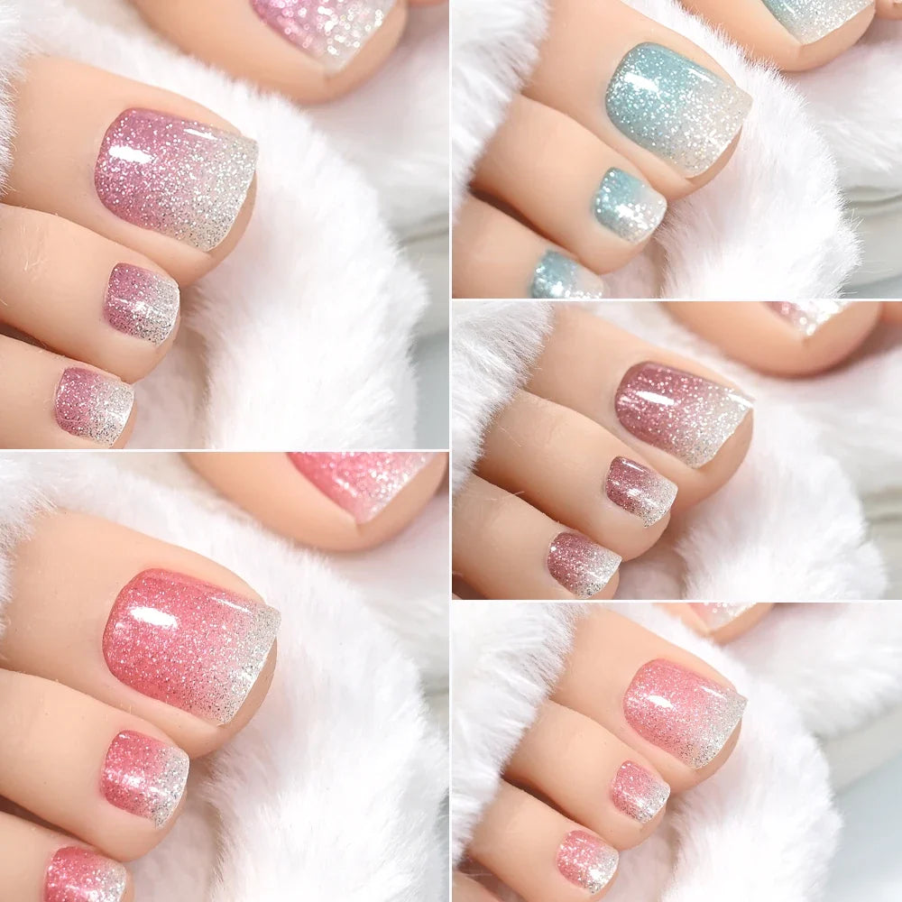 1pcs 22tips Gradient Glitter Full Toe Nail Wraps 3D Shiny Omber Pink/Purple/blue Toe Nail Polish Stickers Baking Free Toe Strips 5