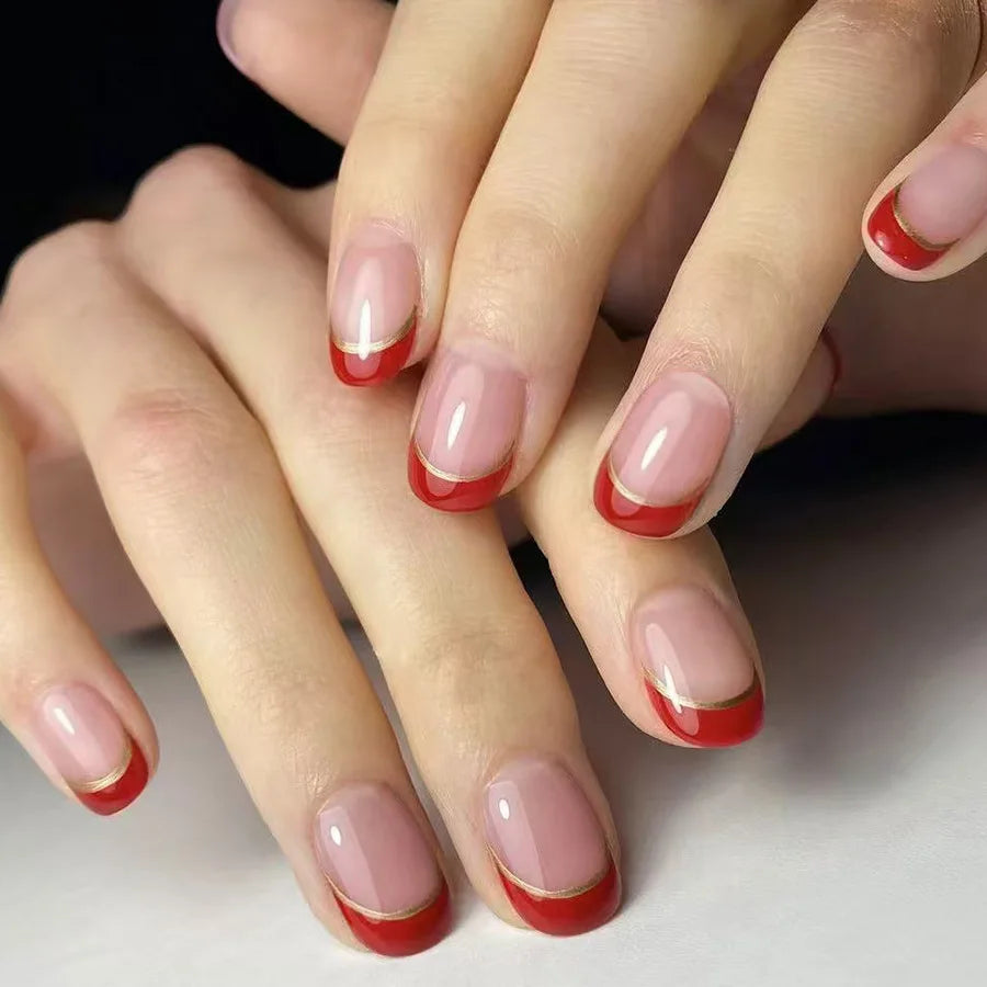 24Pcs Simple Square Head Fake Nail with Jelly Glue Pink White Gradient French Press on False Nails Short Full Cover Nail Tips 17