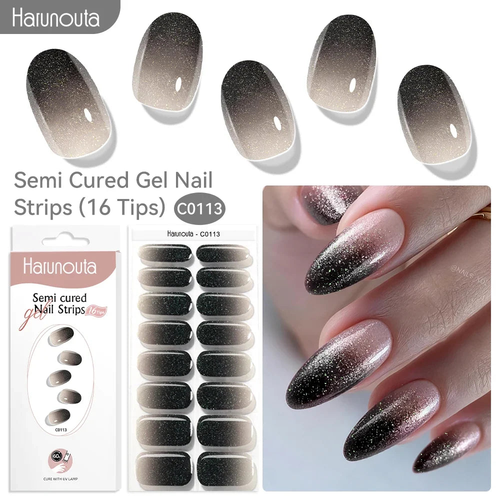 Harunouta 16strips Gradient Red Marble Gold Line Semi Cured Gel Nail Strips DIY Gel Polish Stickers for Nails Work with UV/LED 35