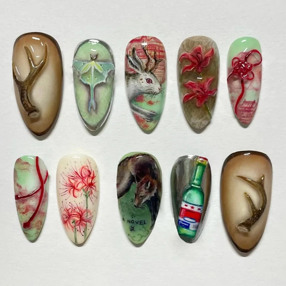 24pcs Flower Print Press on Nails Wine Red Blush Almond False Nail Tips Wearable Reusable Summer Spicy Girl Fake Nails 6