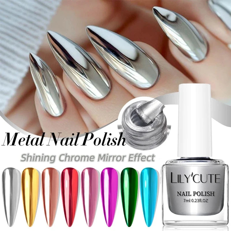 LILYCUTE 7ml Mirror Silver Metallic Nail Polish Super Bright Metal Effect Nail Art Varnish Fast Drying No Need Lamp For Manicure 1