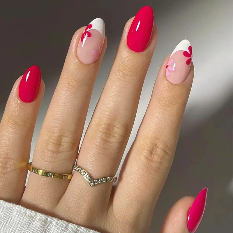 24pcs Red Flower Design Stick on Nail Art French Oval Fake Nail Finished Short Almond False Nails Datachable Press on Nails Tips 4