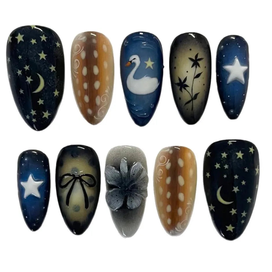 24pcs Gradient Black False Nails Yellow Star Moon Swan Pattern Press On Nails Sweet Cool Bowknots Flower Fake Nail Y2k Manicure 5