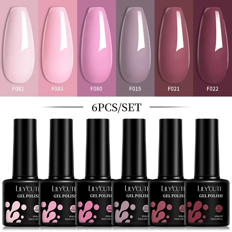 LILYCUTE 6Pcs/Set 7ML Gel DIY Nail Polish Bright Pink Semi Permanent Soak Off UV LED Gel Varnish Nail Art Design Manicure Kit 18