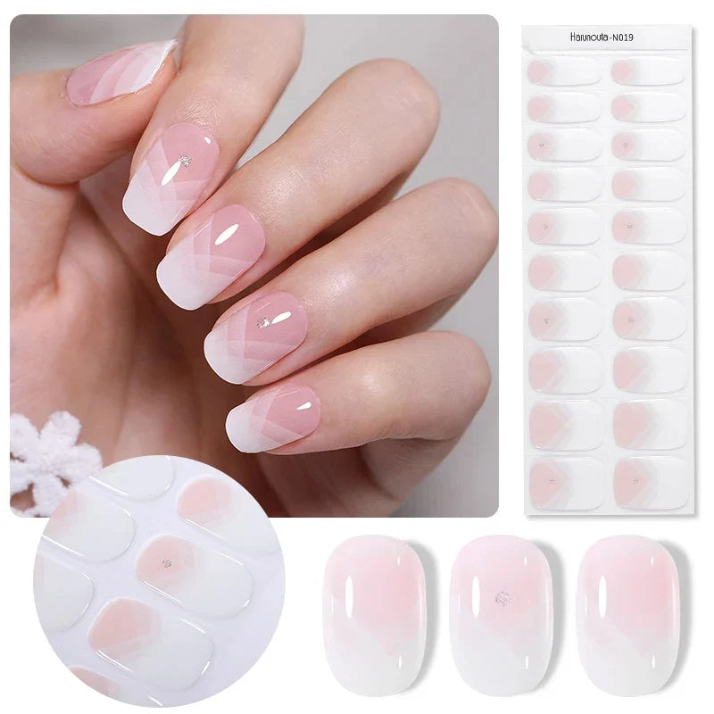 20Tips Gradient French Semi-cured Gel Nail Sticker UV Lamp Needed Full Cover Nail Gel Polish Wraps Manicure Press on Nails Decal 1
