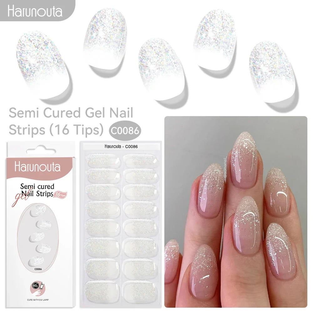 Harunouta 16strips Gradient Red Marble Gold Line Semi Cured Gel Nail Strips DIY Gel Polish Stickers for Nails Work with UV/LED 32