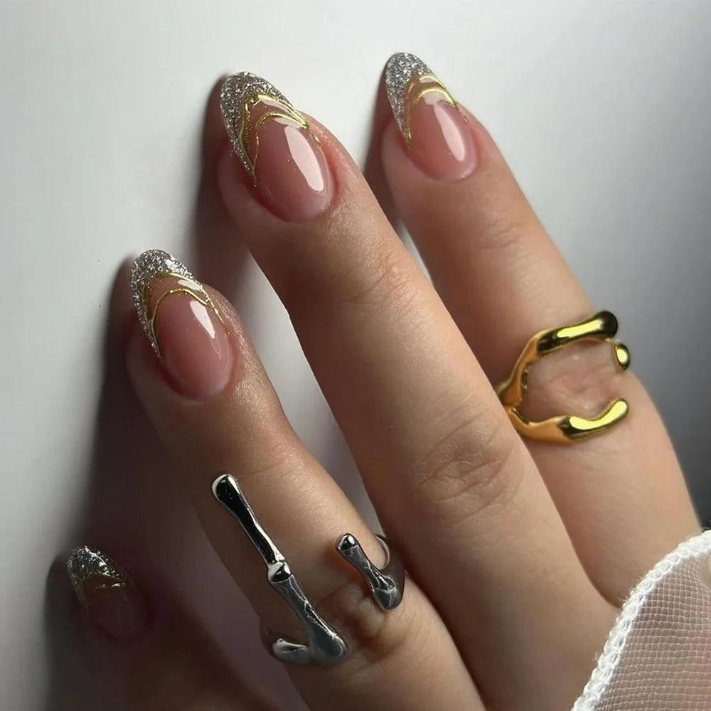 24Pcs Metallic Cat Eye French Sheer Manicure Tip Art Textured 3D Acrylic False Nails Nude Pink Almond Medium Press on Fake Nails 29