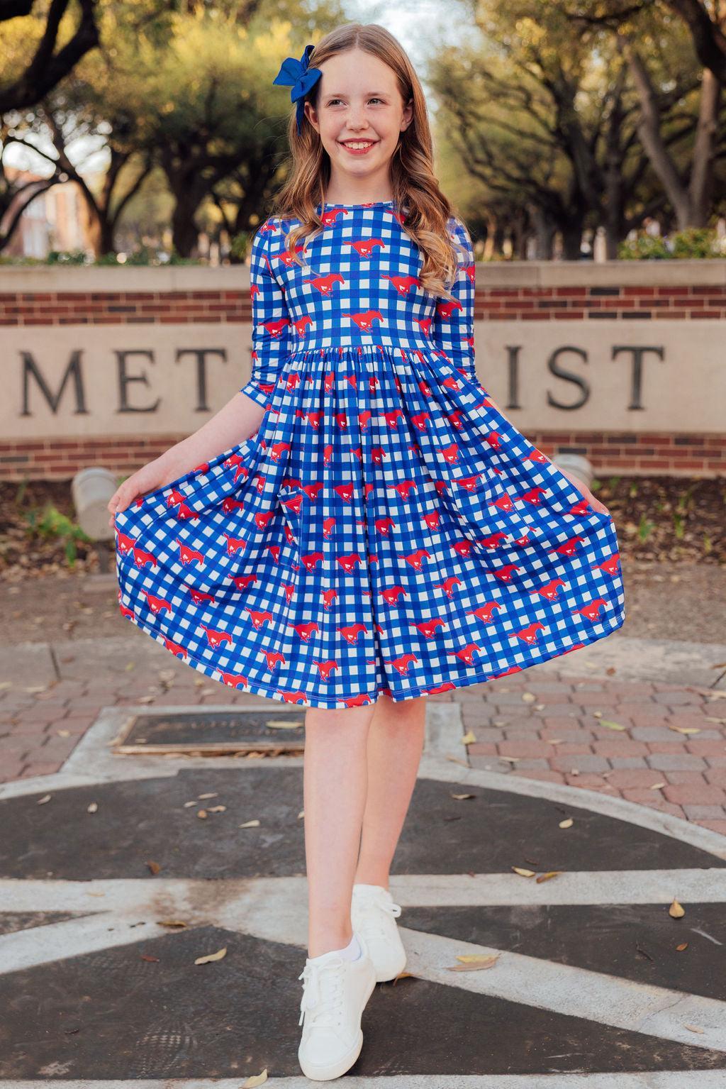 SMU Plaid Mustang 3/4 Sleeve Pocket Twirl Dress 3