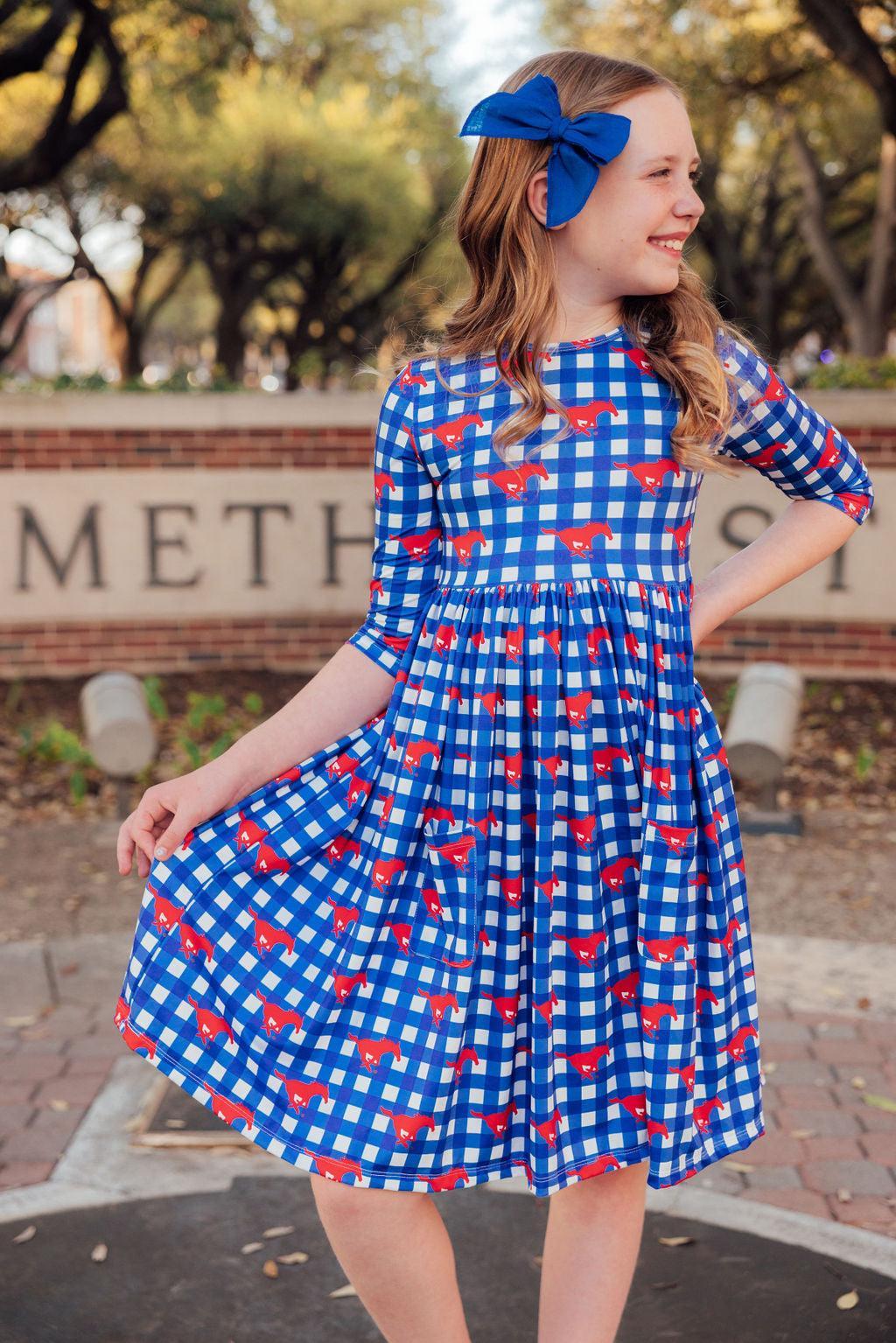 SMU Plaid Mustang 3/4 Sleeve Pocket Twirl Dress 4