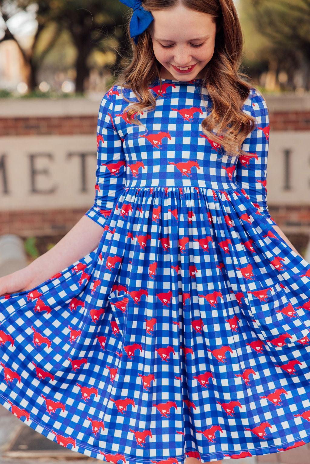 SMU Plaid Mustang 3/4 Sleeve Pocket Twirl Dress 1