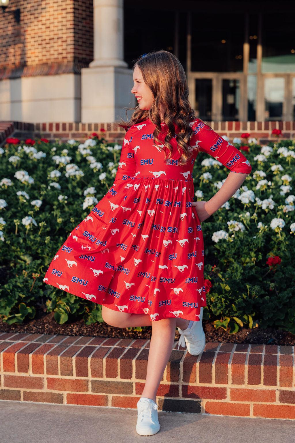 SMU Red Mustang 3/4 Sleeve Pocket Twirl Dress 2