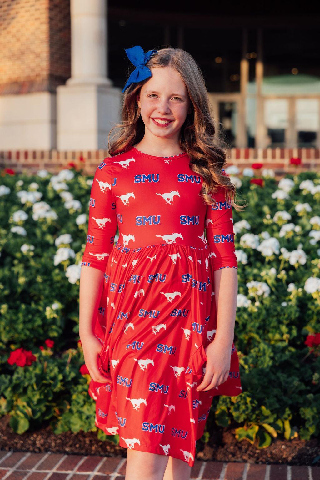 SMU Red Mustang 3/4 Sleeve Pocket Twirl Dress 3