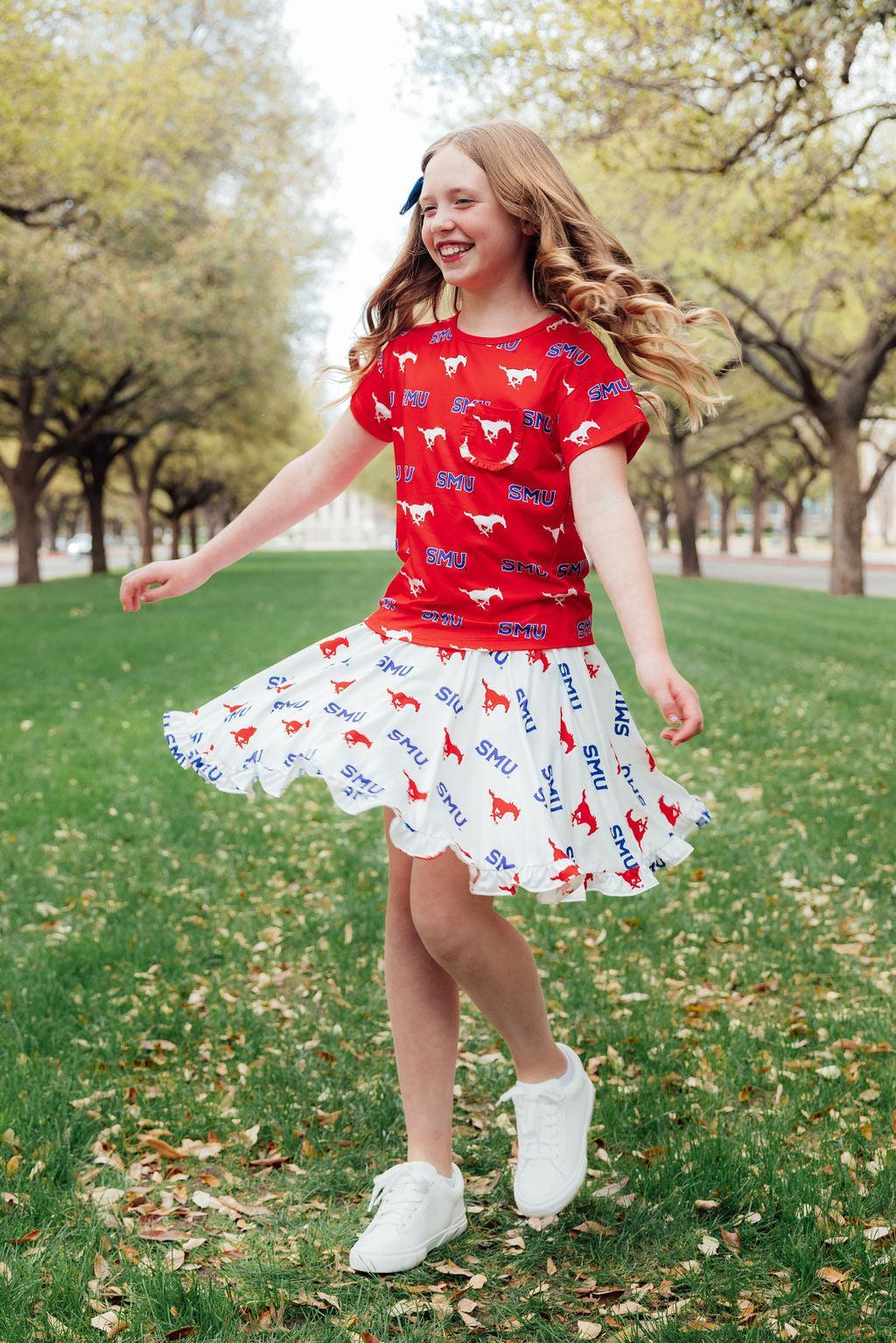 SMU Red Mustang Ruffle Pocket Tee 4