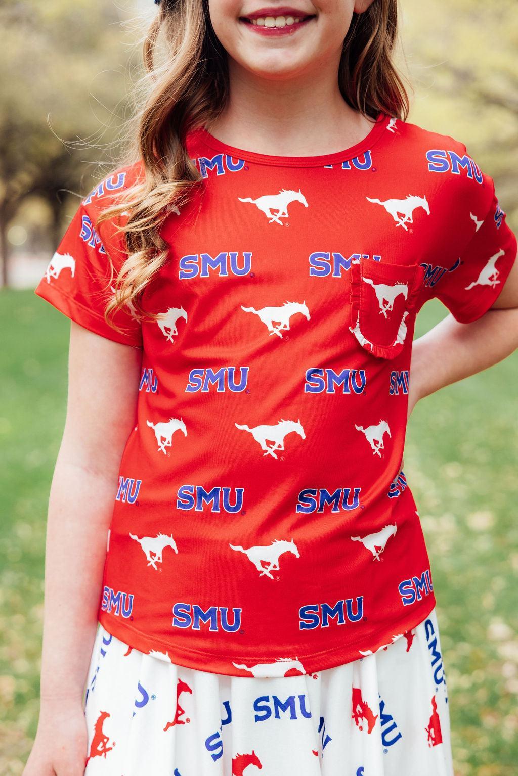 SMU Red Mustang Ruffle Pocket Tee 2