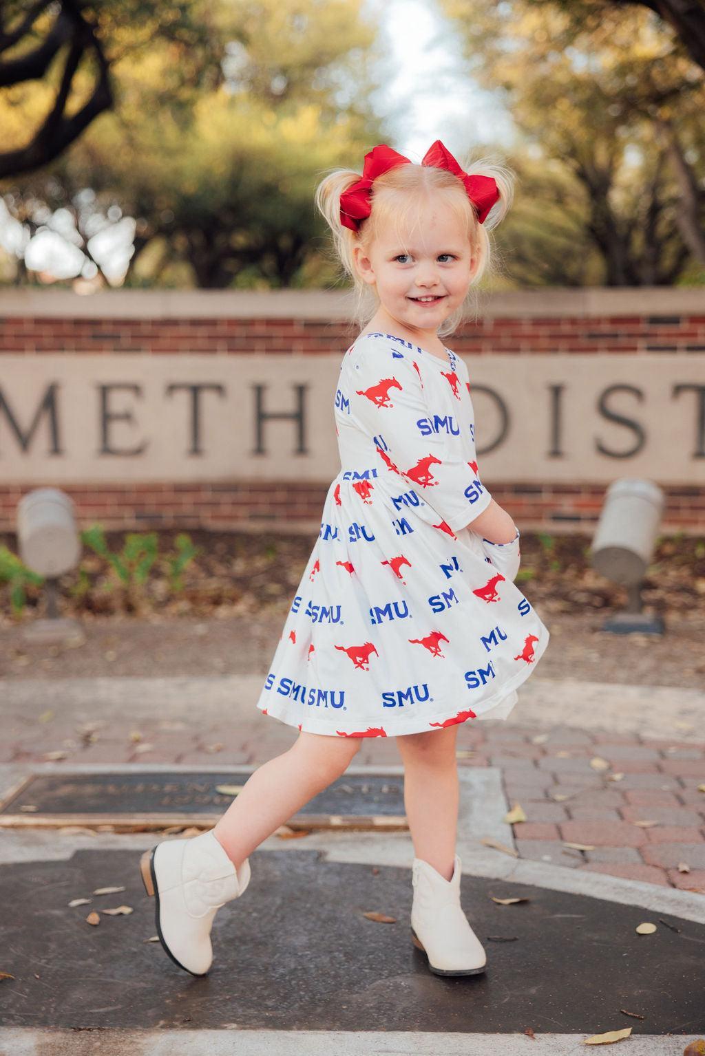 SALE SMU White Mustang 3/4 Sleeve Pocket Twirl Dress 2