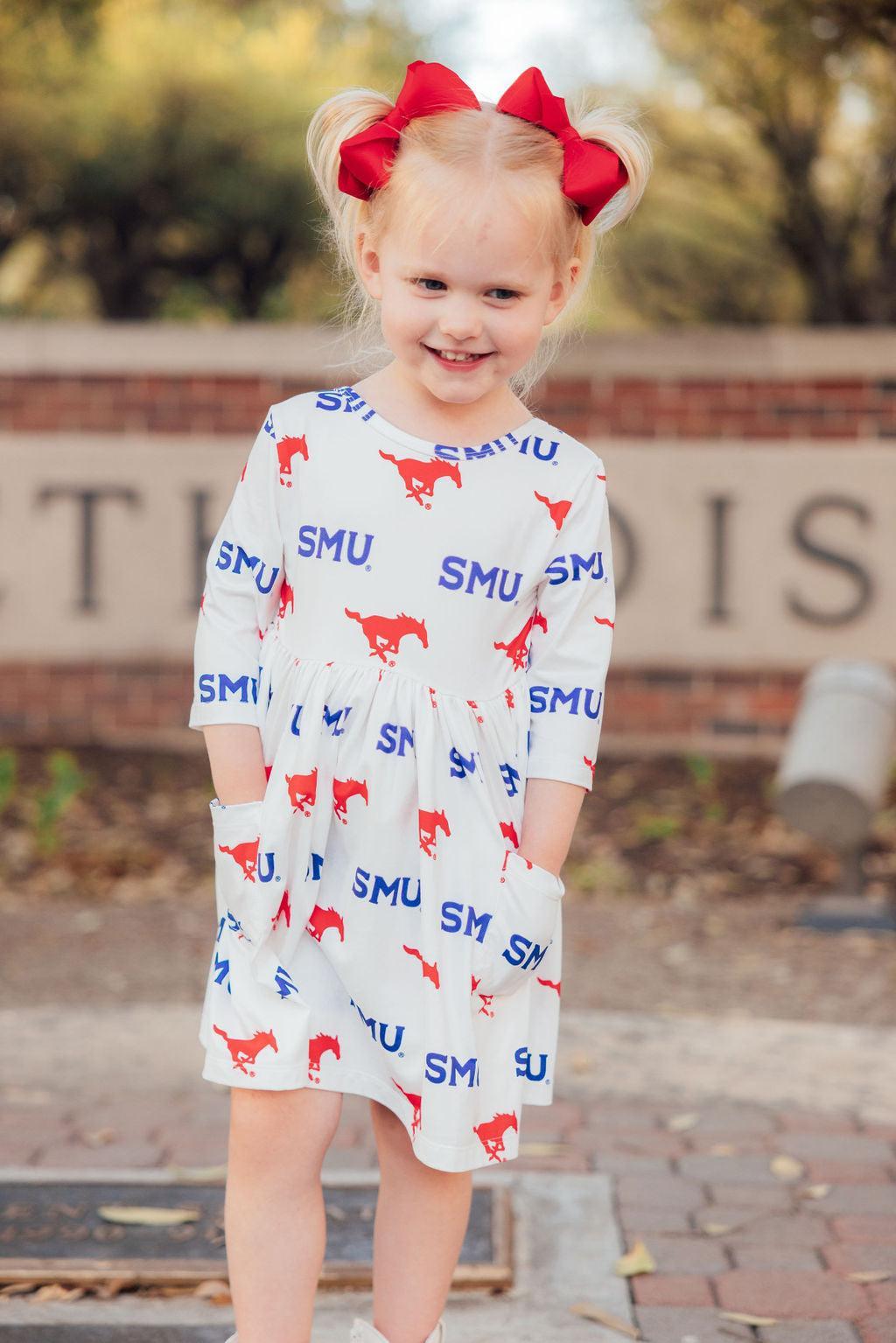 SALE SMU White Mustang 3/4 Sleeve Pocket Twirl Dress 4