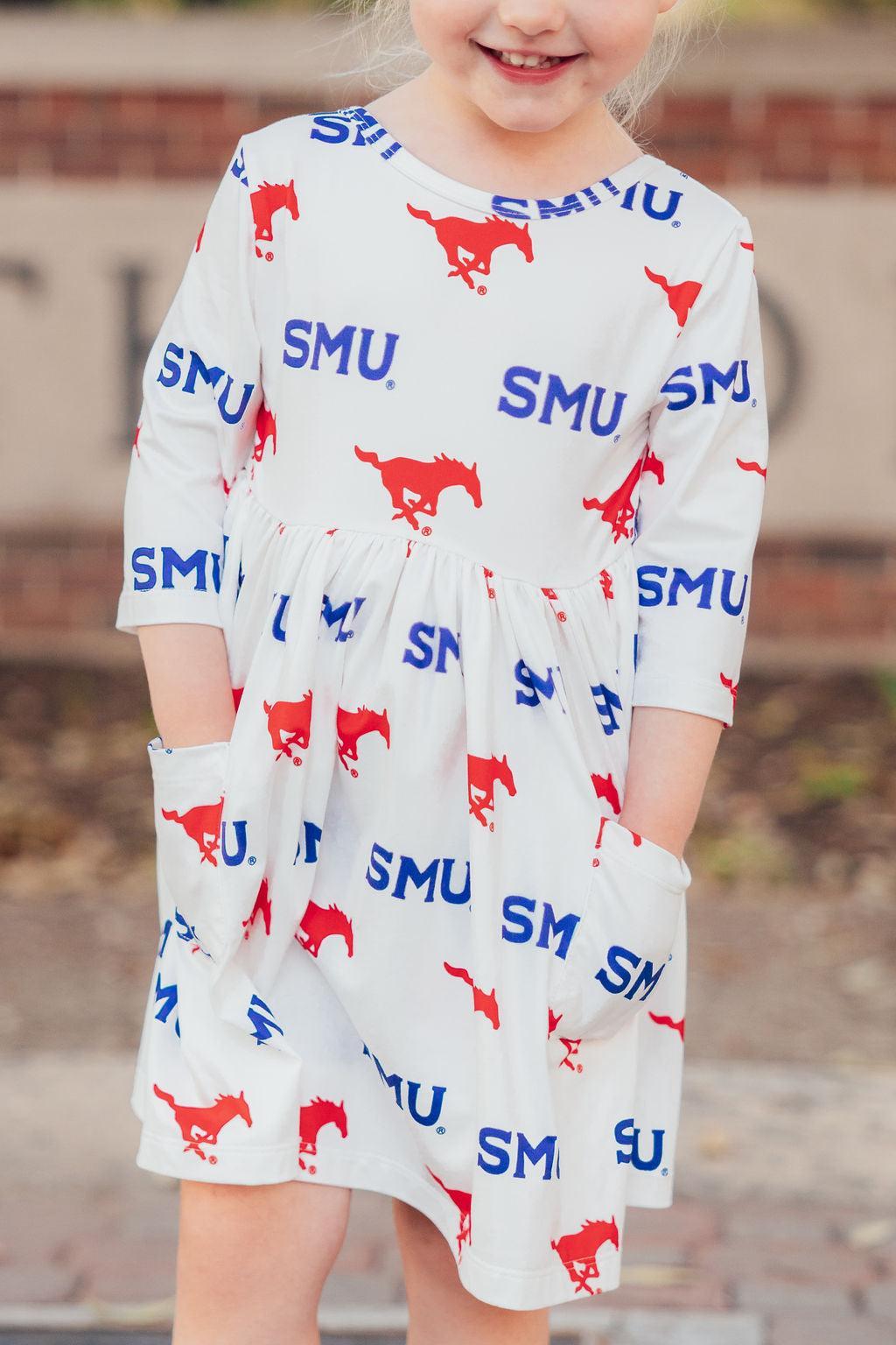 SALE SMU White Mustang 3/4 Sleeve Pocket Twirl Dress 1