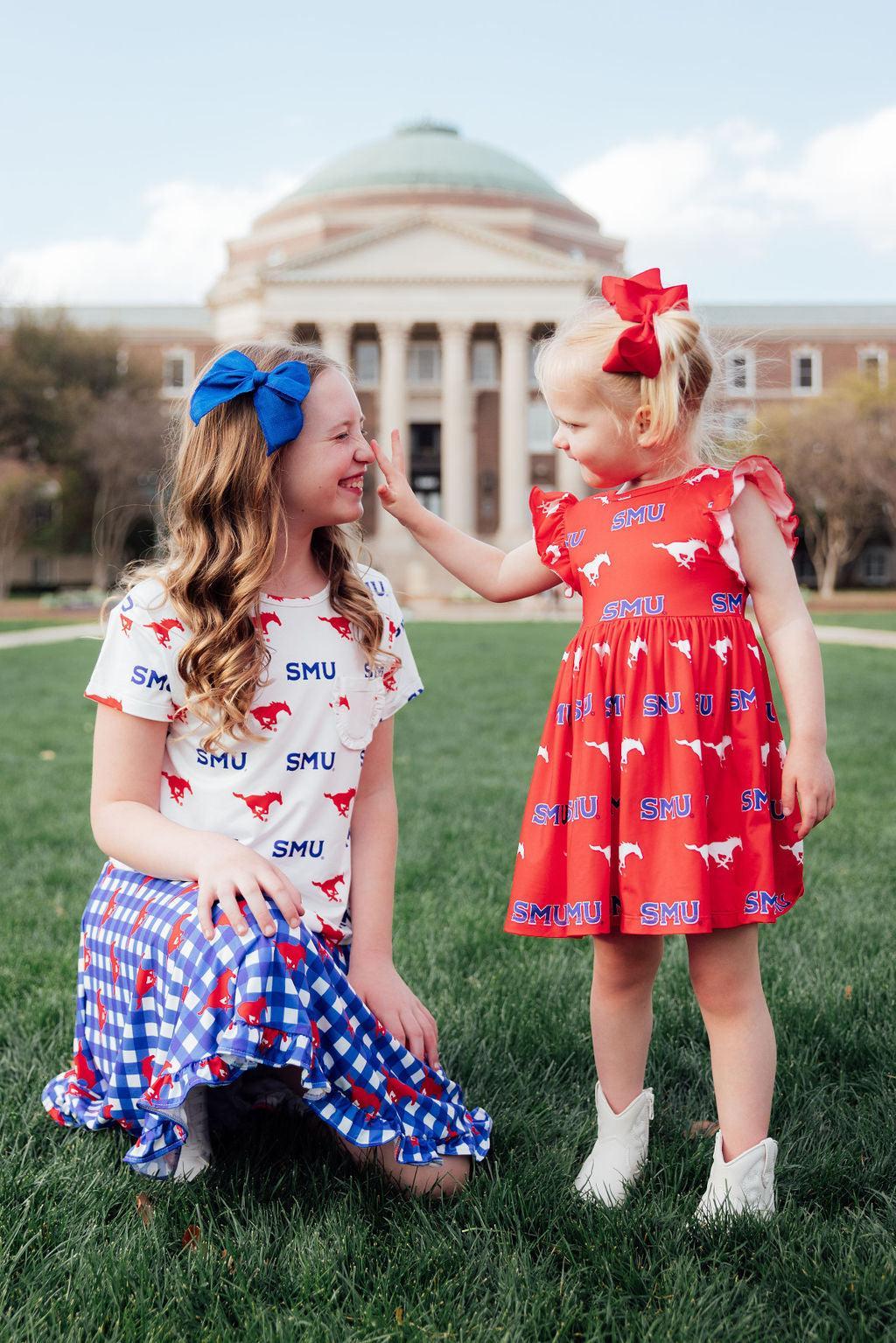 SMU White Mustang Ruffle Pocket Tee 2