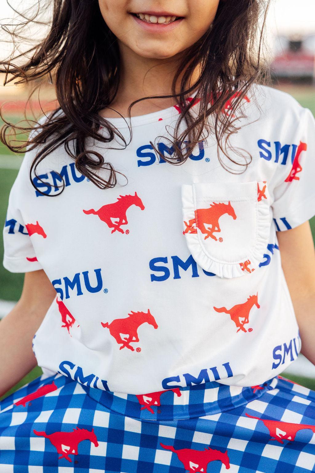 SMU White Mustang Ruffle Pocket Tee 6