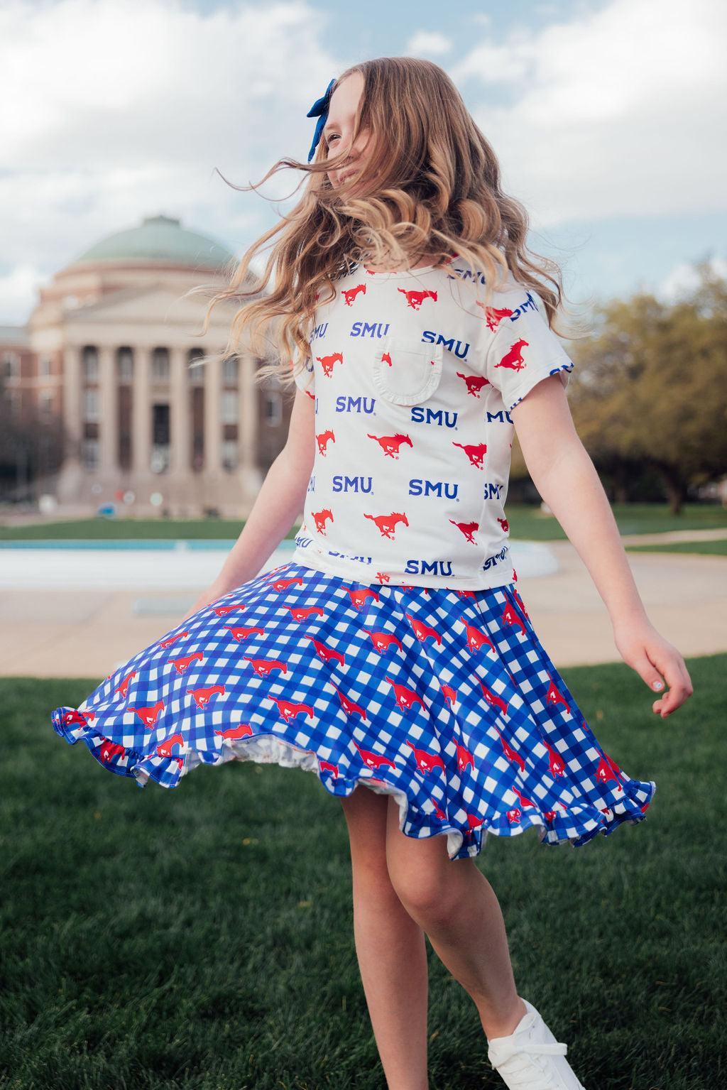 SMU White Mustang Ruffle Pocket Tee 7