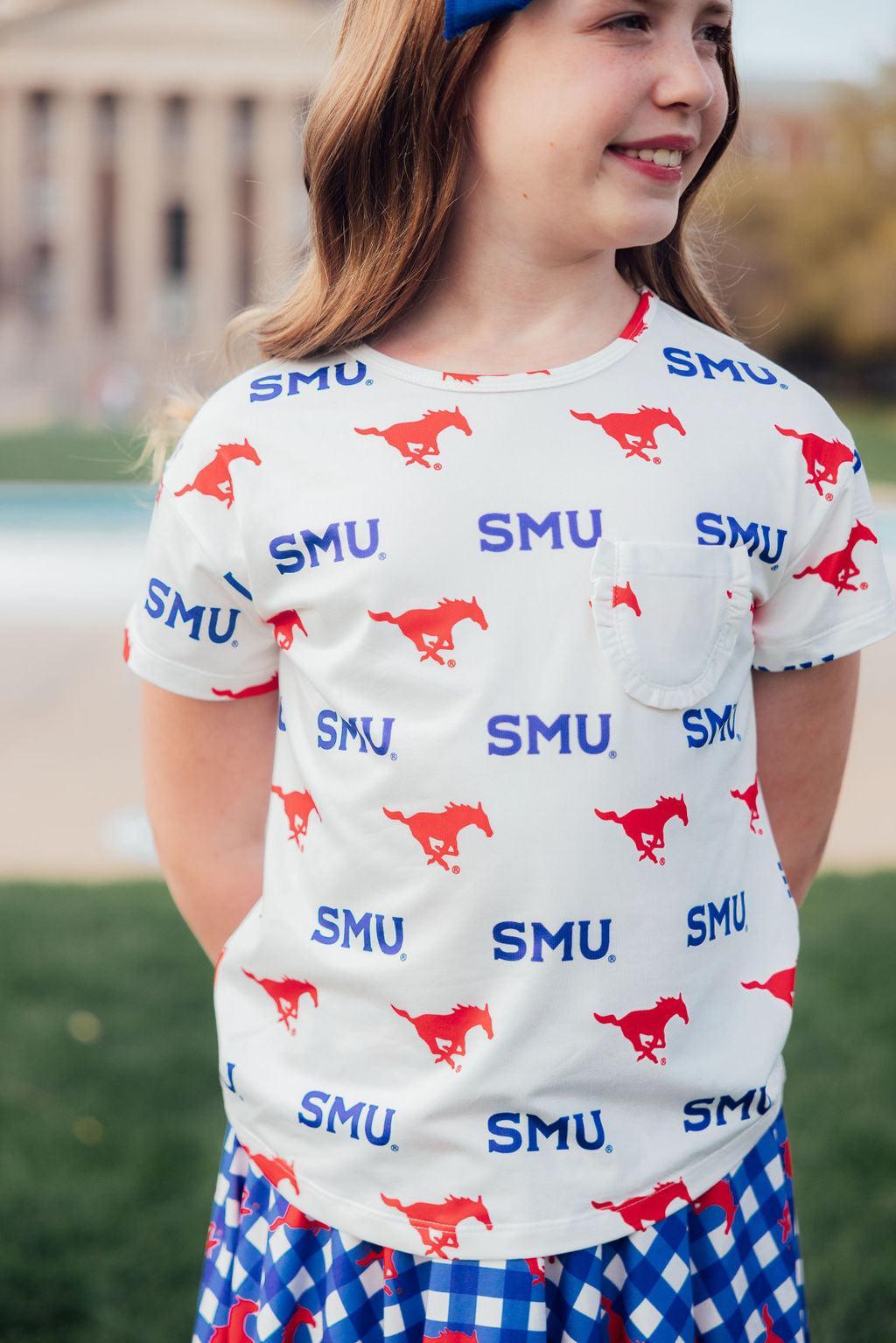 SMU White Mustang Ruffle Pocket Tee 8