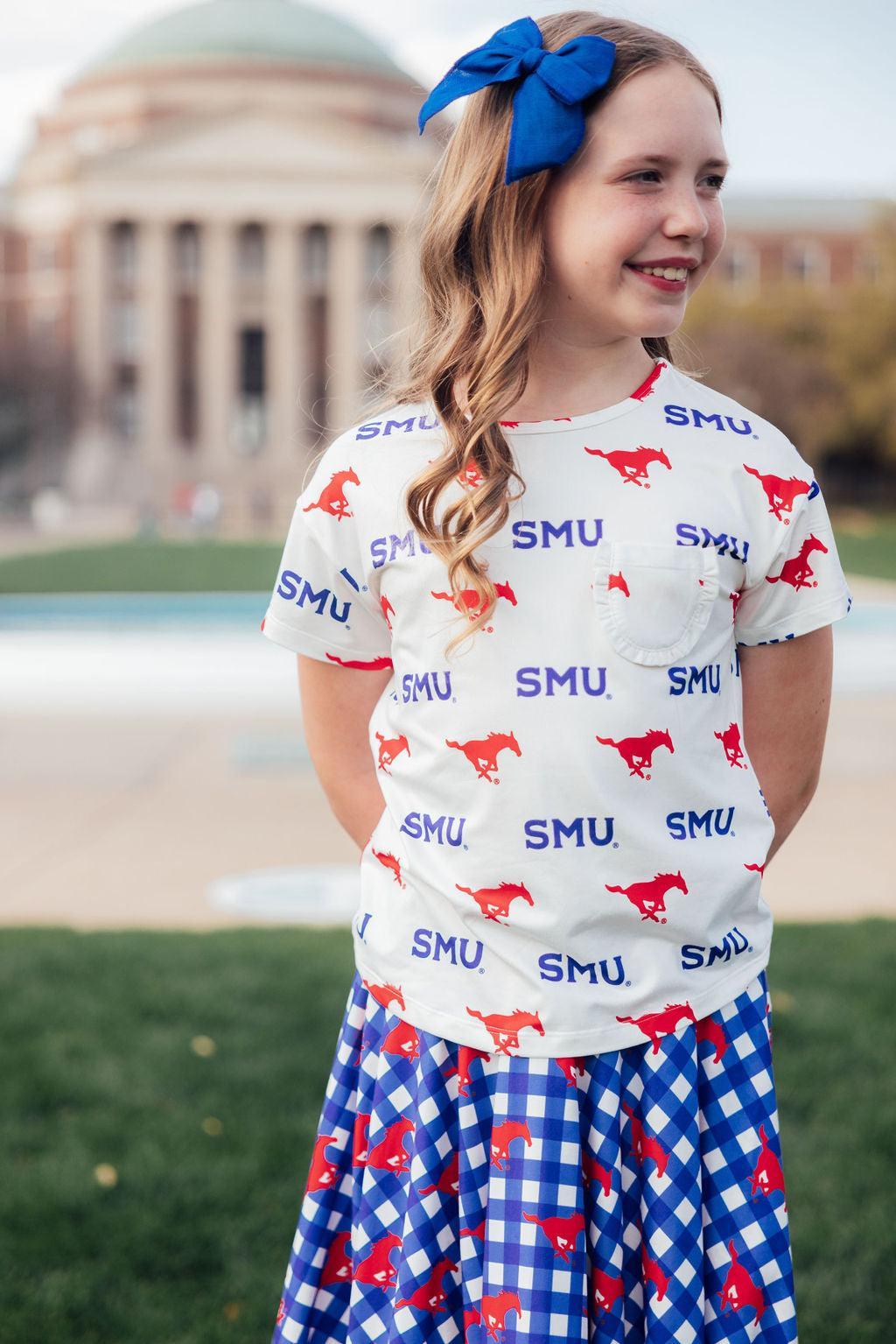 SMU White Mustang Ruffle Pocket Tee 3