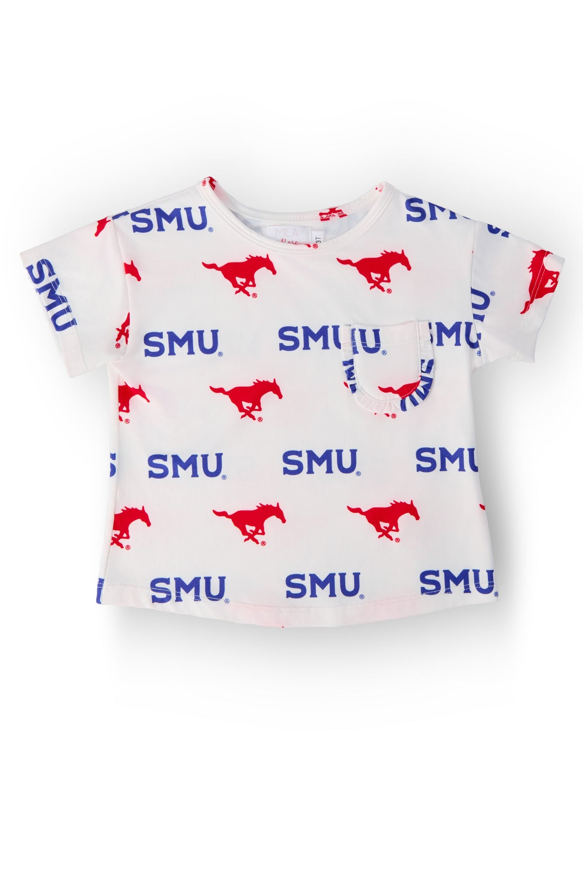 SMU White Mustang Ruffle Pocket Tee 1