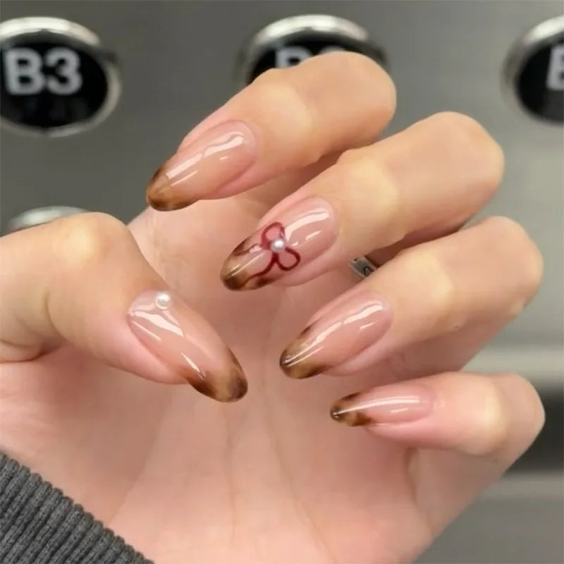 3D Bowknot Pearl Wearable Nail Art Fashion Leopard French Nude Almond Fake Nails Detachable Finished False Nails Press on Nails 21
