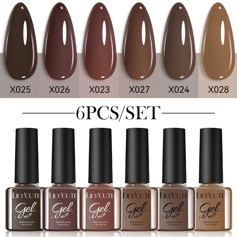 LILYCUTE 6Pcs/set 7ml Coffee Series Gel Nail Polish Kit 125 Colors Manicure Semi Permanent Soak Off UV Nail Art Gel Varnish 23