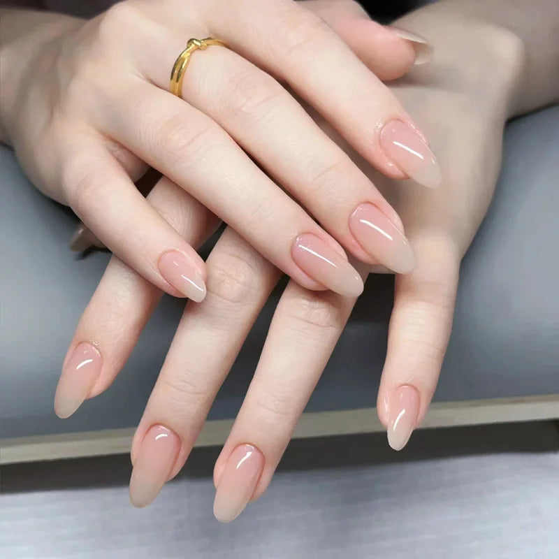 24Pcs Short Oval Head Blush Pink Press on Nails with Simple Designs Almond Nails Wearable Acrylic Full Cover Nail Tips with Glue 6