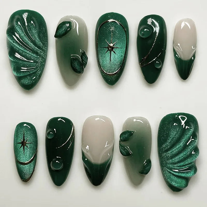 24Pcs Metallic Cat Eye French Sheer Manicure Tip Art Textured 3D Acrylic False Nails Nude Pink Almond Medium Press on Fake Nails 35