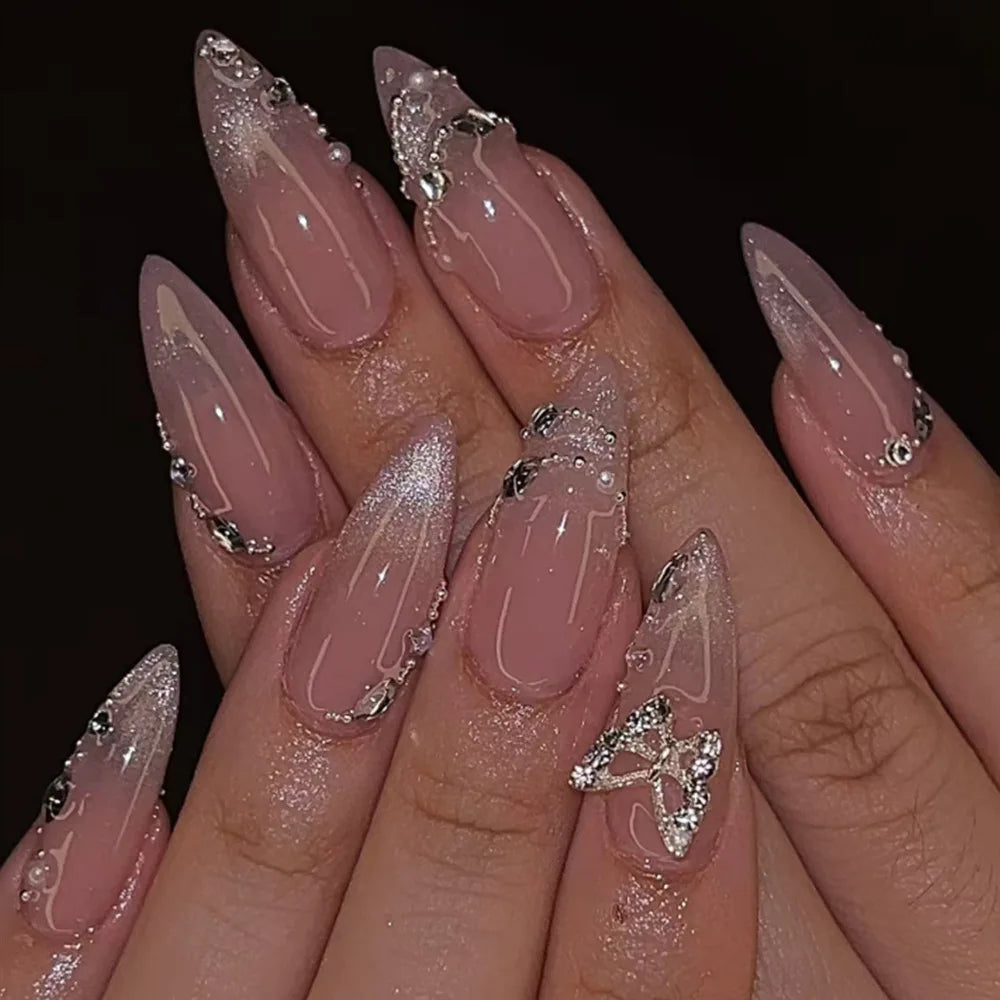 24Pcs Metallic Cat Eye French Sheer Manicure Tip Art Textured 3D Acrylic False Nails Nude Pink Almond Medium Press on Fake Nails 26