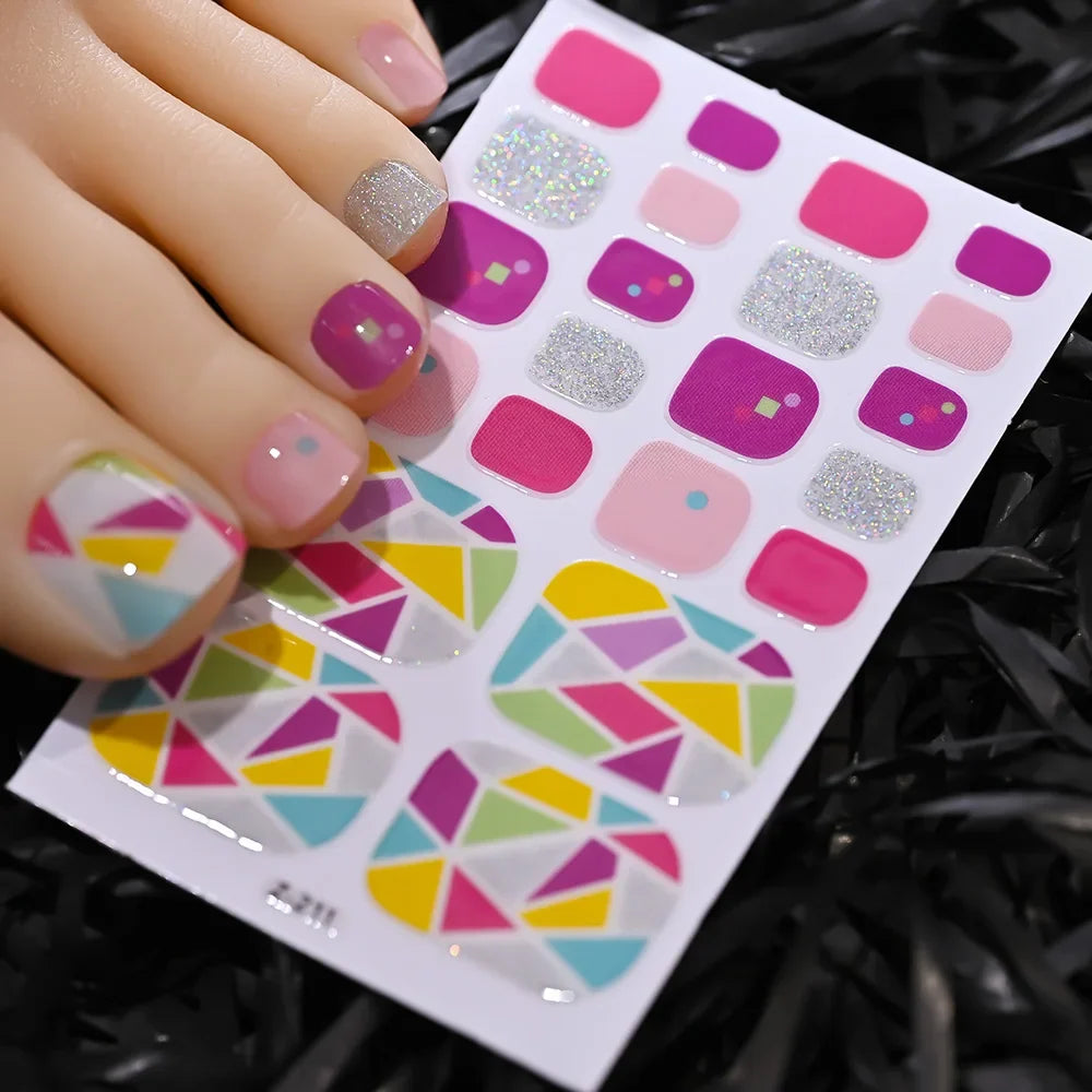 1pcs 22tips Gradient Glitter Full Toe Nail Wraps 3D Shiny Omber Pink/Purple/blue Toe Nail Polish Stickers Baking Free Toe Strips 8
