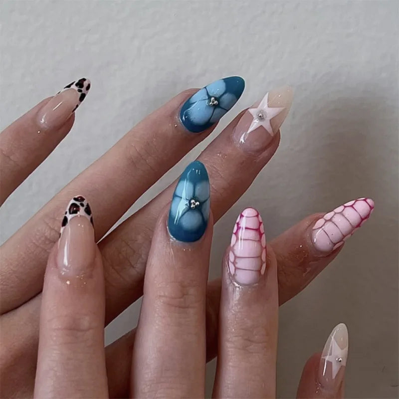 3D Bowknot Pearl Wearable Nail Art Fashion Leopard French Nude Almond Fake Nails Detachable Finished False Nails Press on Nails 22