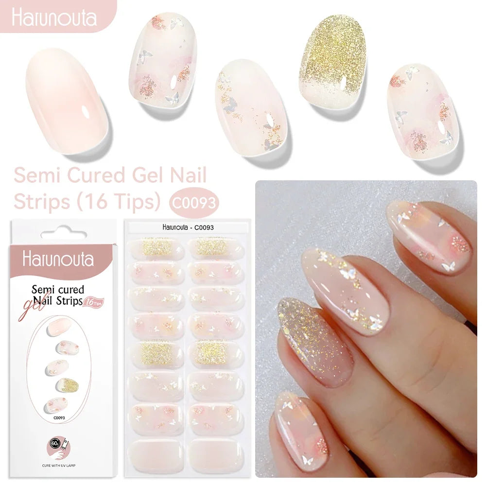 Harunouta 16strips Gradient Red Marble Gold Line Semi Cured Gel Nail Strips DIY Gel Polish Stickers for Nails Work with UV/LED 22