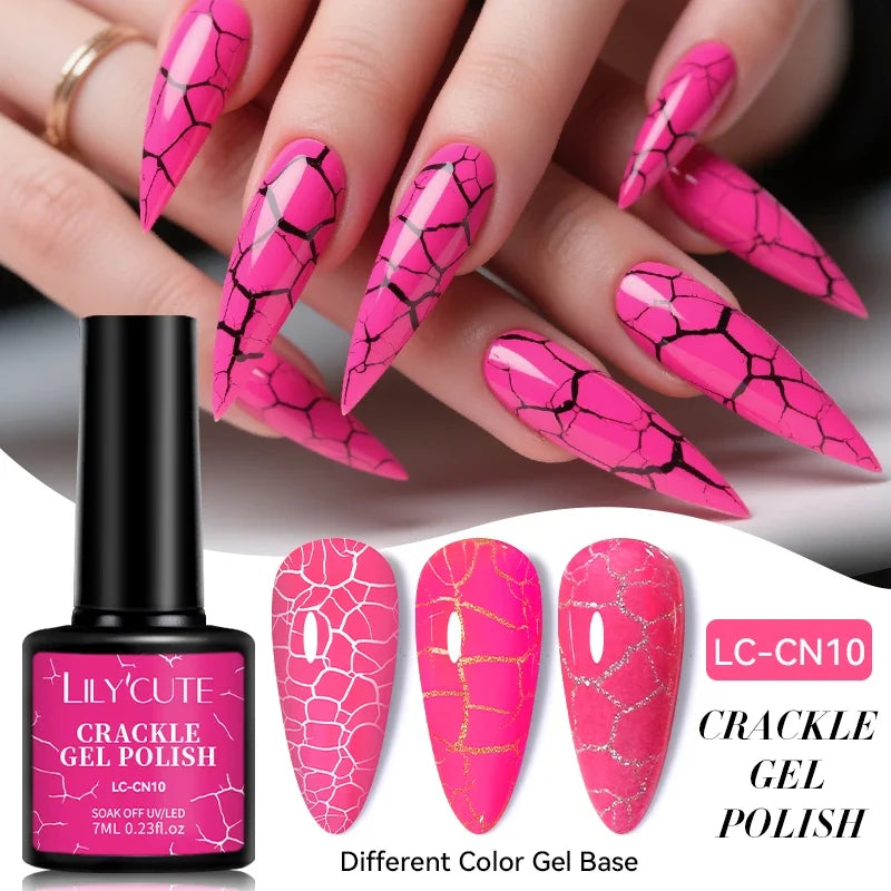 LILYCUTE 7ml Neon Crackle Gel Nail Polish Summer Fluorescent Quick Drying Semi Permanent UV Gel Nail Art Varnish DIY Manicure 10
