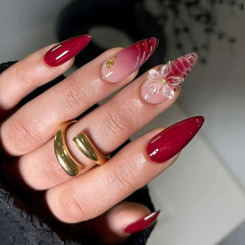24Pcs 3D Strawberry Rabbit Flower Fake Nails Press on Mid-length Almond Wearable False Nails Green Gradient Pearl Manicure Tips 4