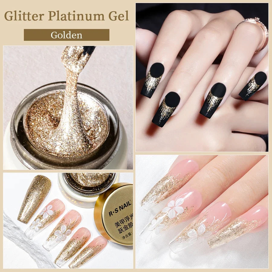 RSNAIL No Wipe Platinum Gel Nail Polish 8g Sparkle Painting Metallic Golden Silvery Liner Gel French Drawing Liner DIY Nail Art 4