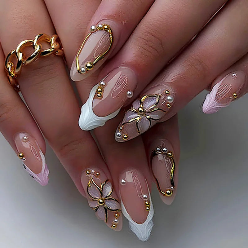 24Pcs 3D Strawberry Rabbit Flower Fake Nails Press on Mid-length Almond Wearable False Nails Green Gradient Pearl Manicure Tips 33